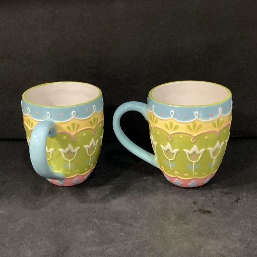 Pier 1 Imports Easter Egg Mugs, Set of‎ 2, 3D Textured Ceramic Coffee Cups
